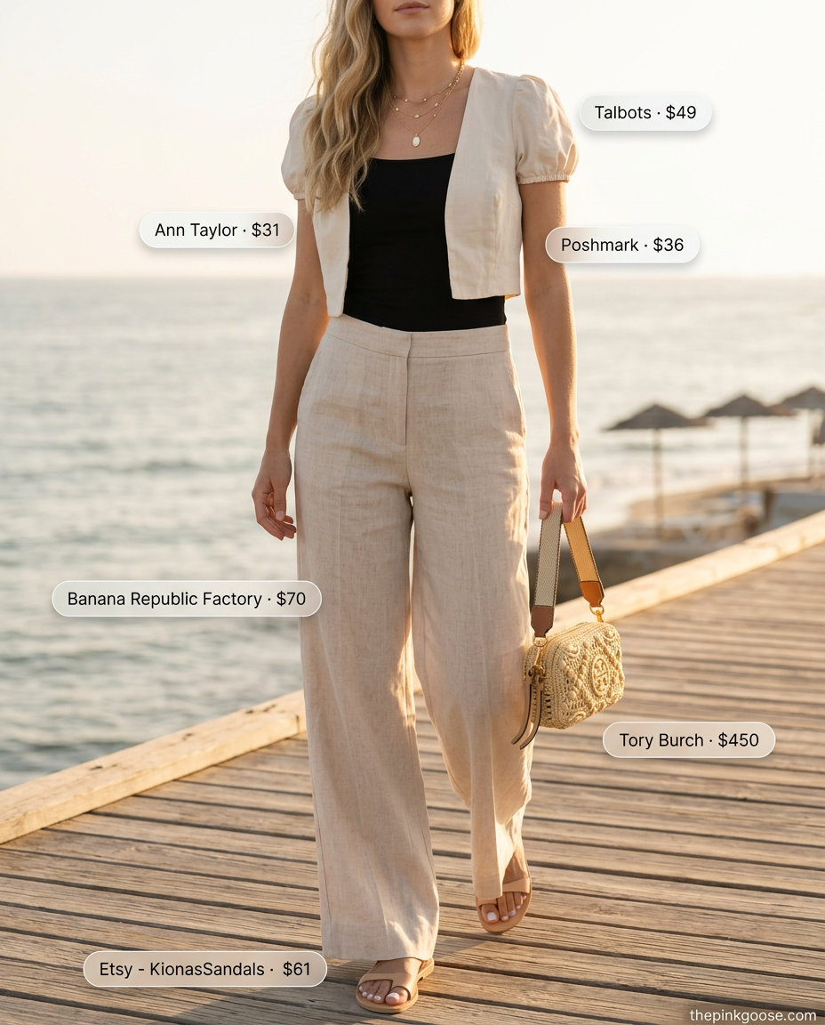Relaxed summer square neck linen set outfit for women 2026: Cream crop top, beige wide-leg pants.