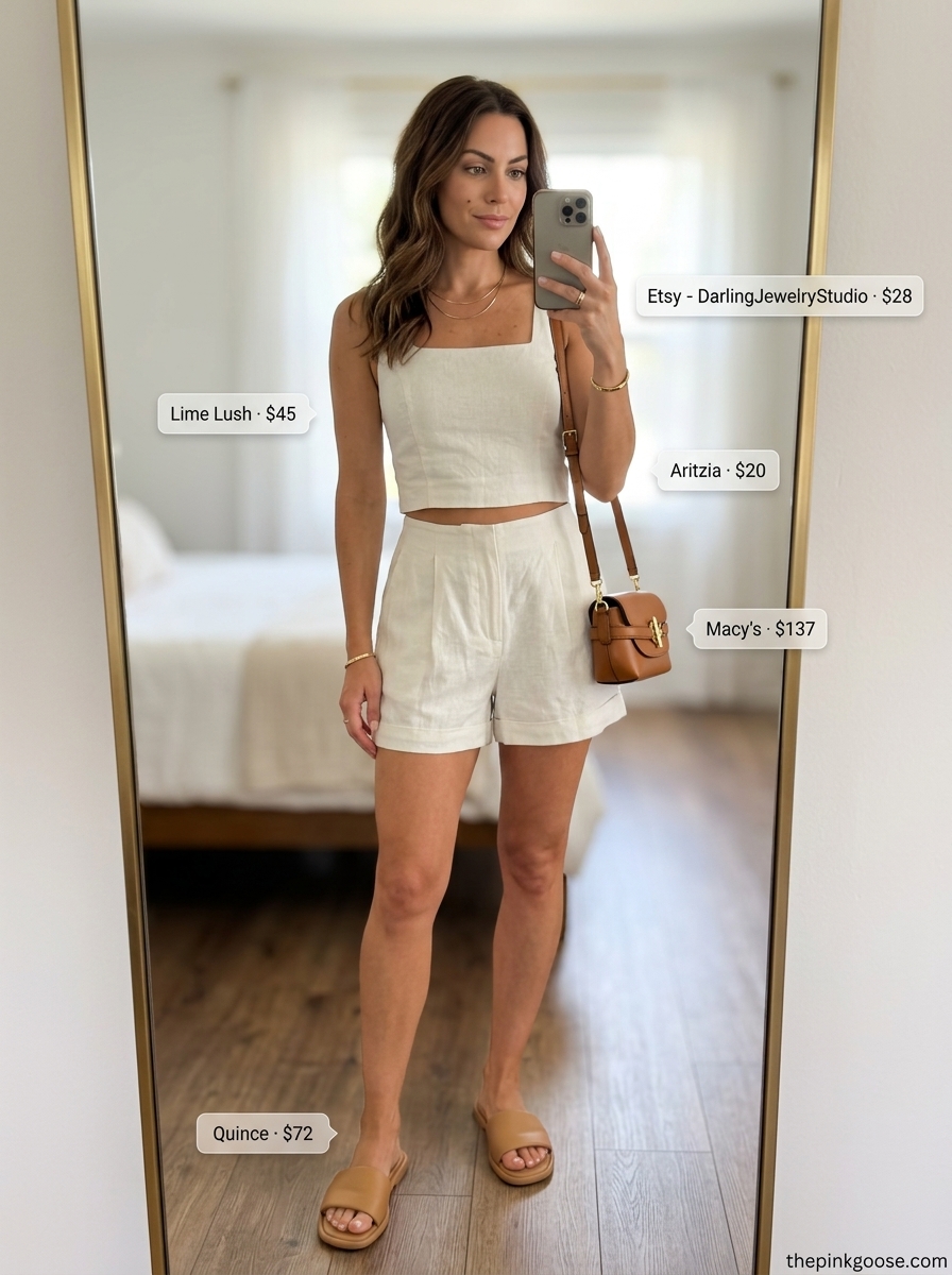 Minimalist summer square neck set outfit for women 2026: Cream crop top, beige shorts, gold necklace.