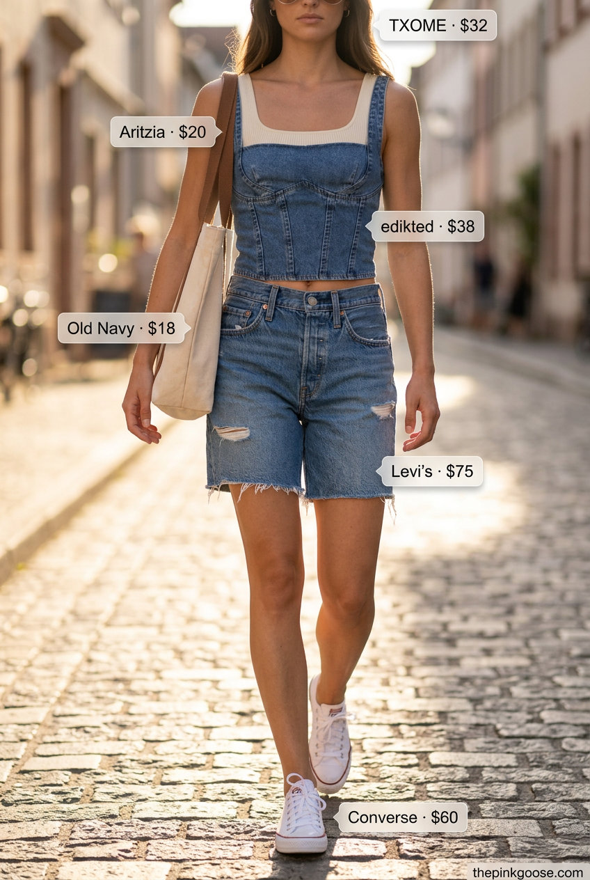 Summer Square Neck outfits for women 2026: Denim bustier top with high-waisted shorts for a retro festival look.