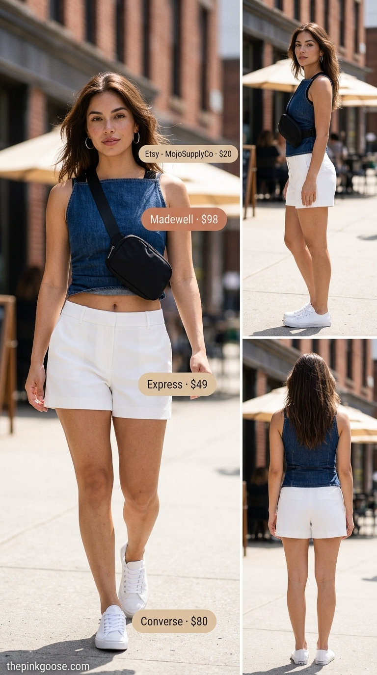 Casual medium wash denim square neck top with white shorts and sneakers for summer 2026.