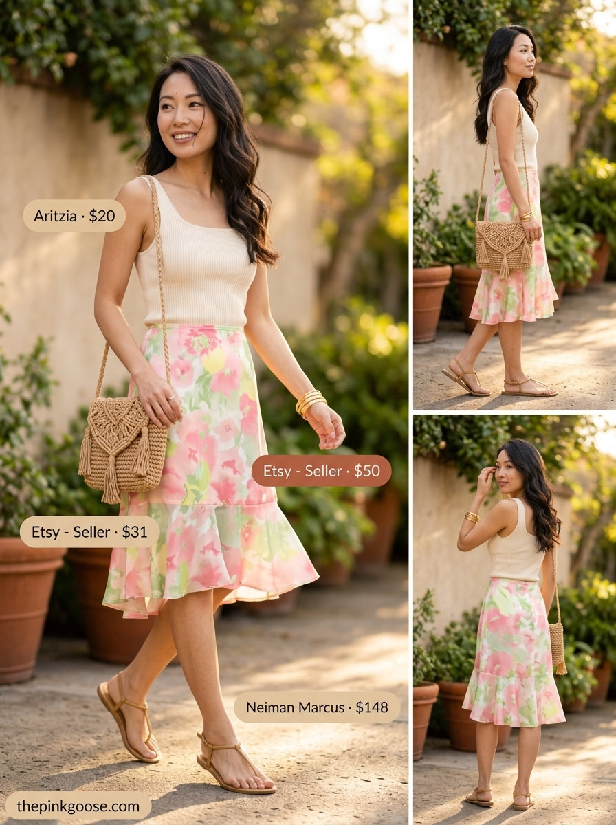Summer Square Neck outfits for women 2026: Romantic pastel floral midi skirt with a fitted cream top for evening.