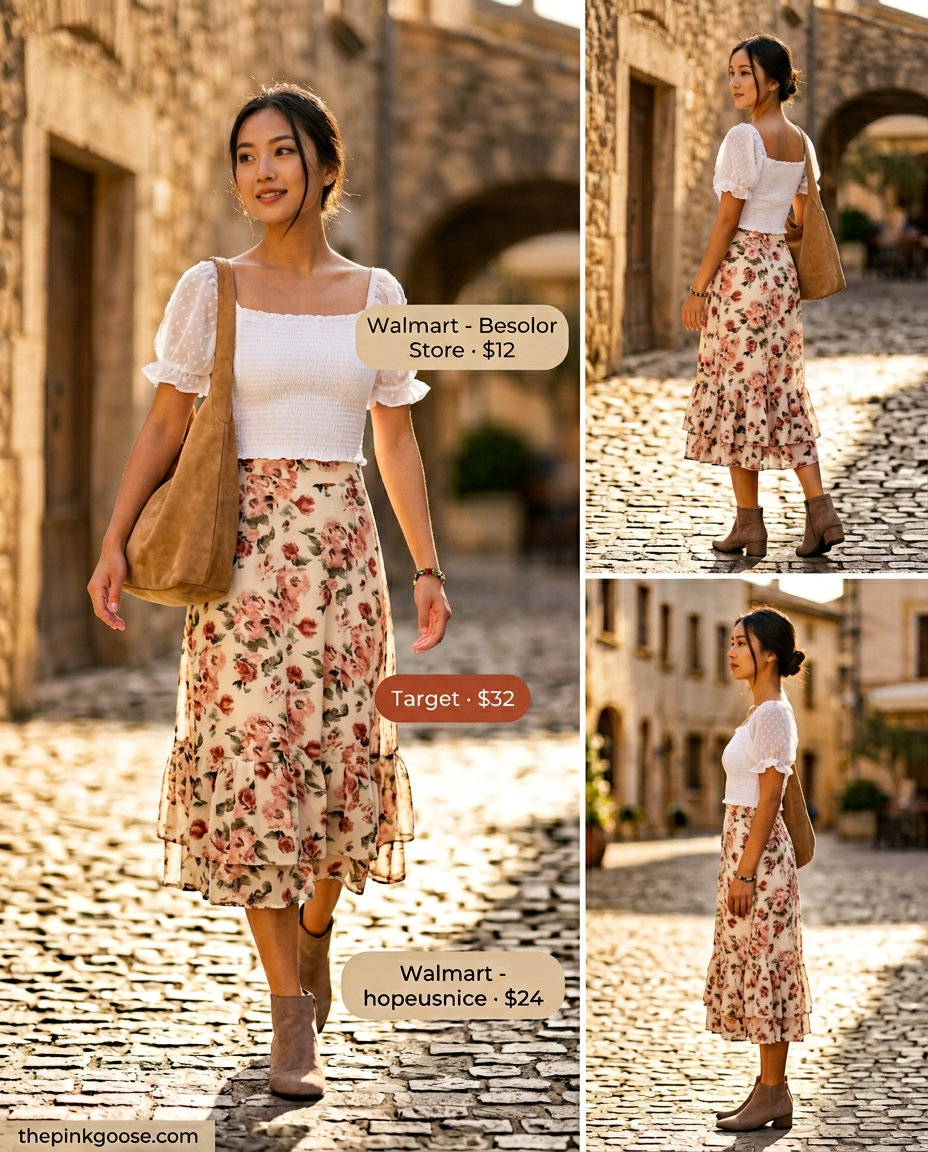 Boho summer square neck outfit for women 2026: Floral midi skirt, cream smocked top, suede boots.