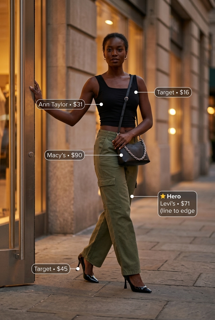 Edgy summer square neck outfit for women 2026: Khaki cargo pants, black crop top, silver chain bag.