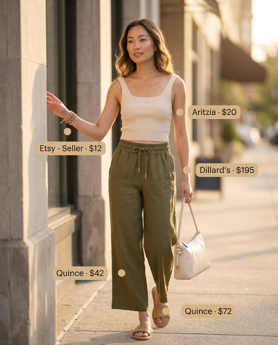 Relaxed olive green linen pants with cream square neck tank top for summer 2026.