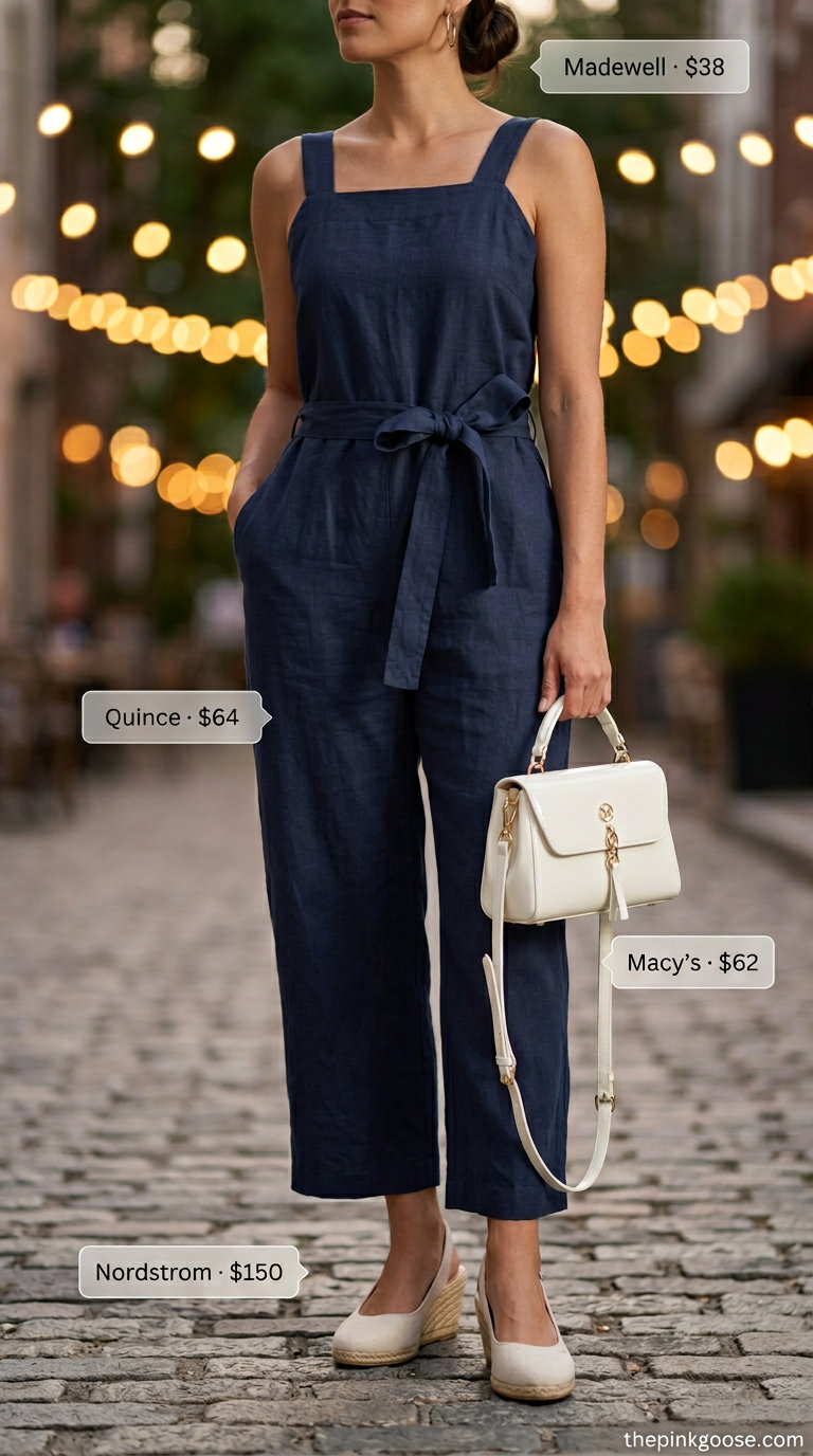Summer Square Neck outfits for women 2026: Elegant navy linen jumpsuit with gold hoops for a polished evening look.