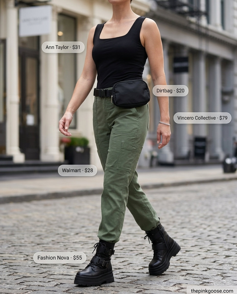 Summer Square Neck outfits for women 2026: Olive cargo pants with black square neck top for urban exploration.