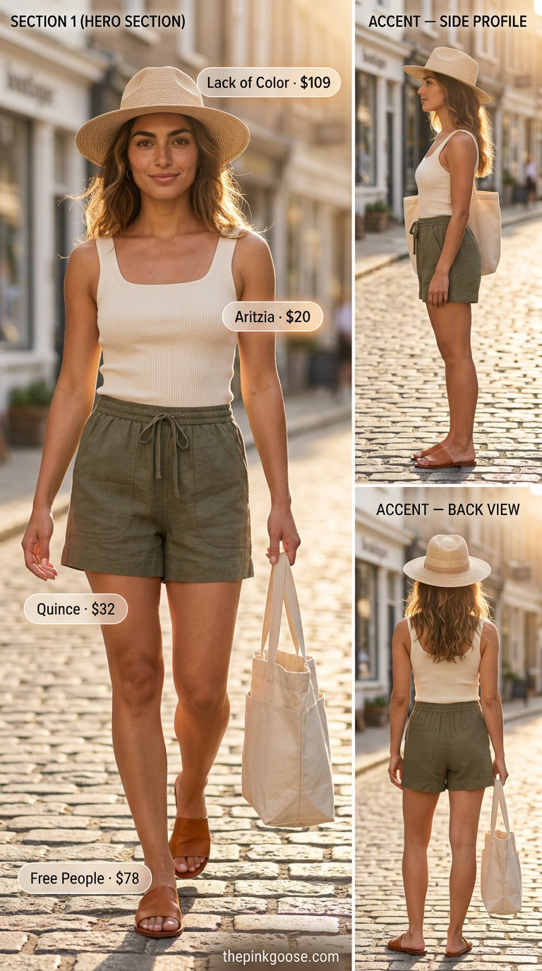 Comfortable summer square neck shorts set outfit for women 2026: Olive green linen shorts, cream tank.