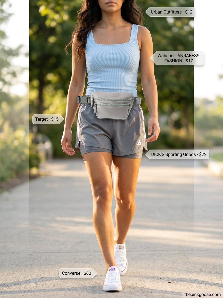 Sporty summer square neck top outfit for women 2026: Pastel blue athletic tank, grey running shorts.