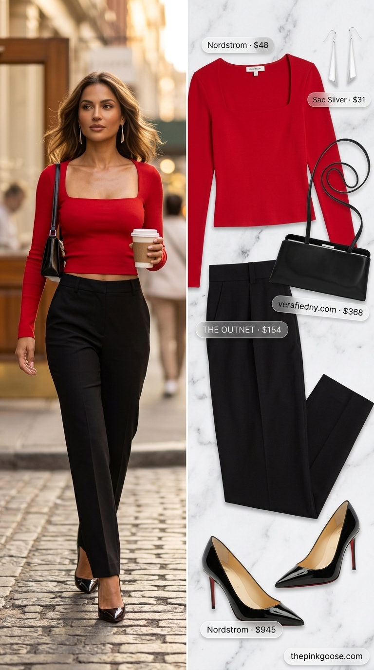Bold red square neck long-sleeve top with black pants and heels for summer 2026.