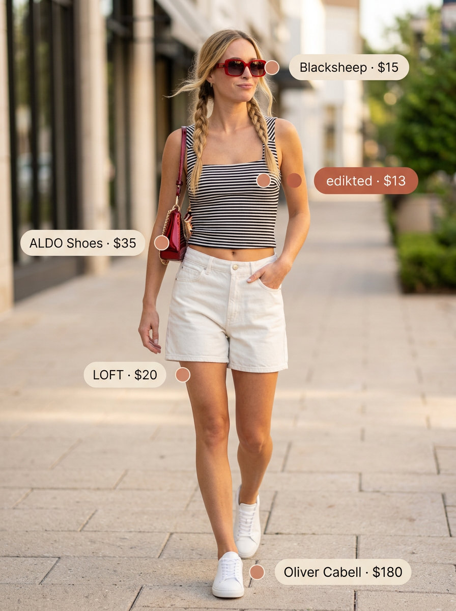 Playful black and white striped square neck top with white shorts for summer 2026.