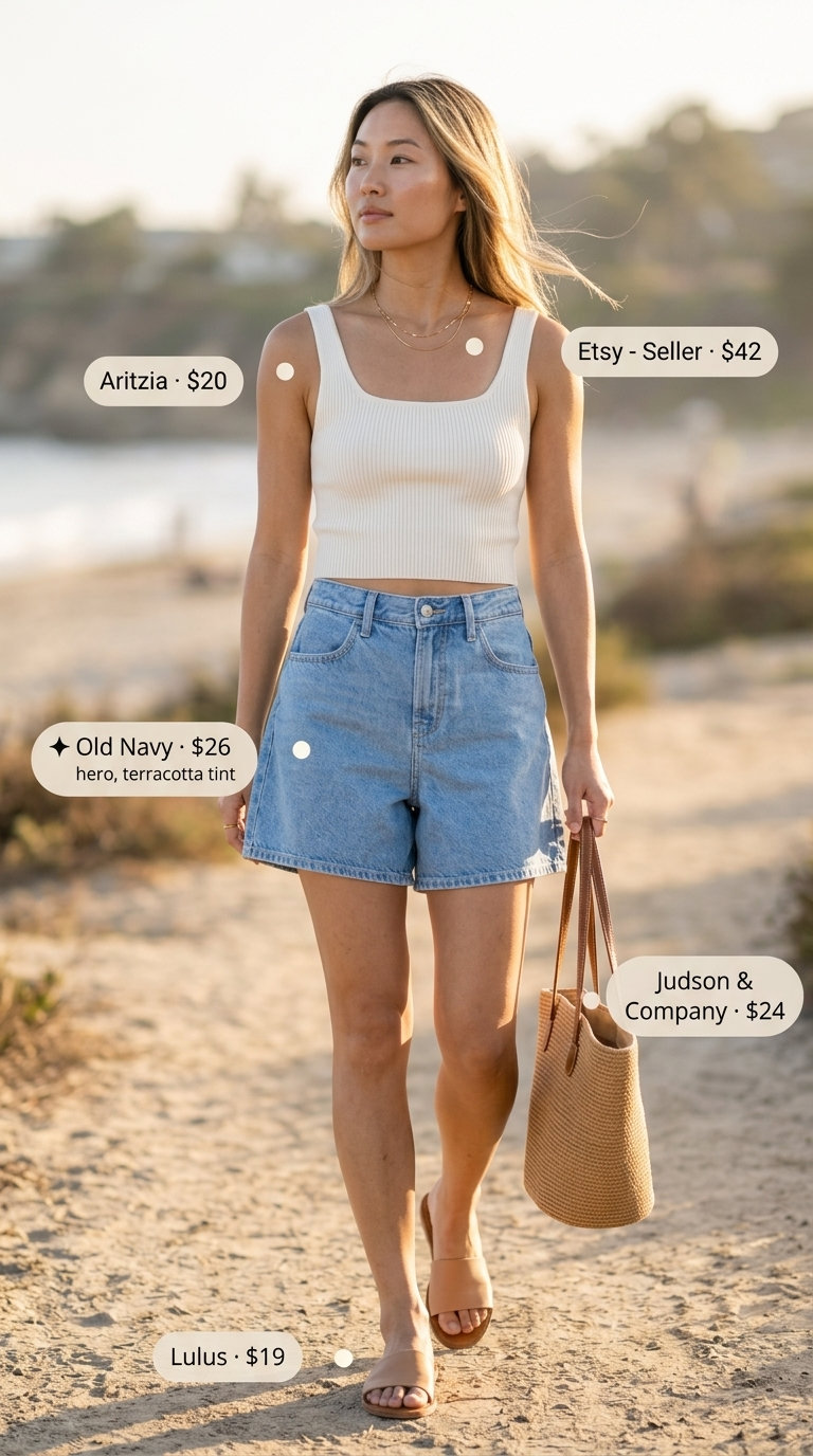 Beachy summer square neck outfit for women 2026: White knit top, denim shorts, straw tote.