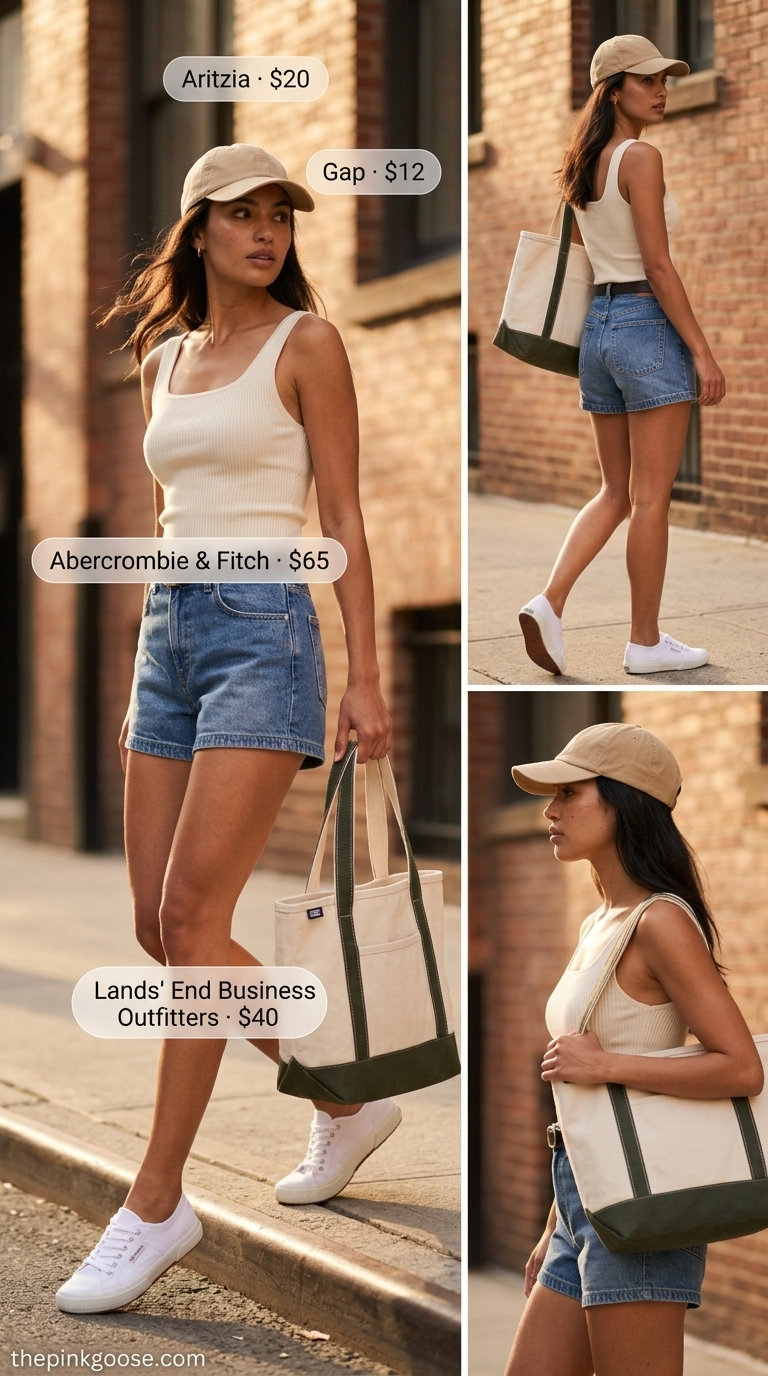 Summer Square Neck outfits for women 2026: White square neck top with denim shorts and sneakers for weekend casual.