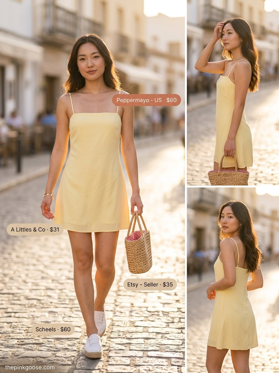 Playful pastel yellow square neck mini sundress with white espadrilles and straw tote for summer 2026.
