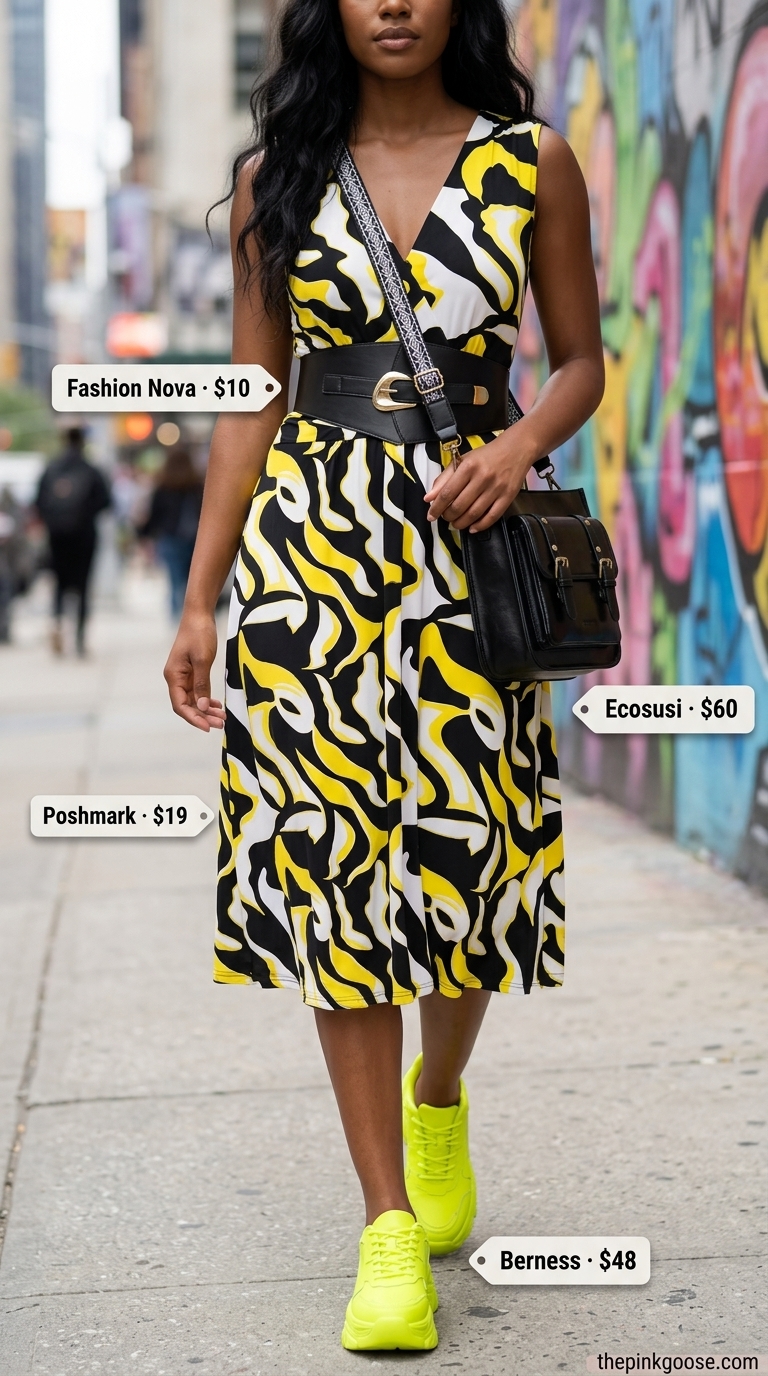 Graphic midi dress and bright pop-color sneakers for summer streetwear with sneakers for women 2026.