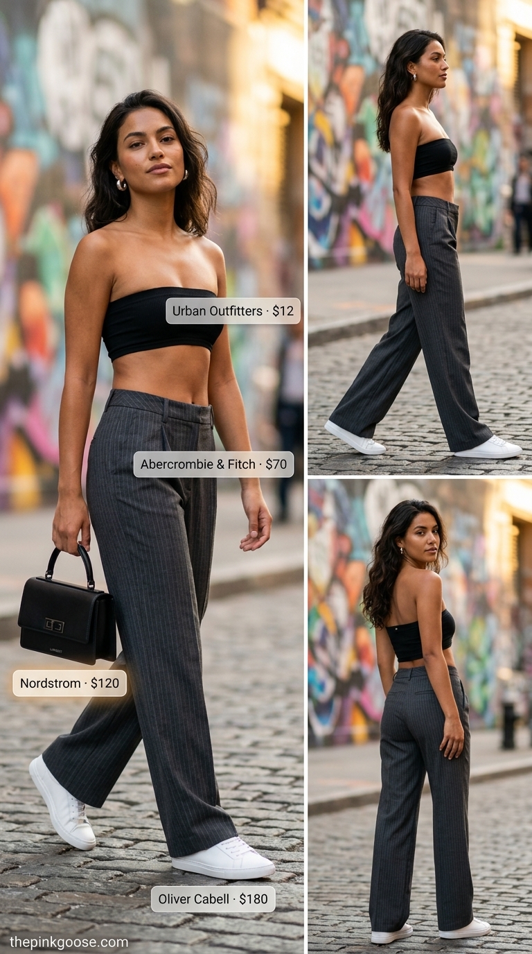 Wide-leg trousers, tube top, and minimalist sneakers for summer streetwear with sneakers for women 2026.