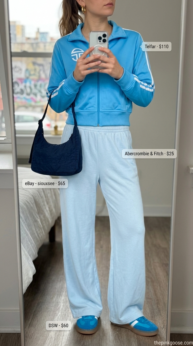 Sky blue track jacket and pants with retro sneakers for summer streetwear with sneakers for women 2026.