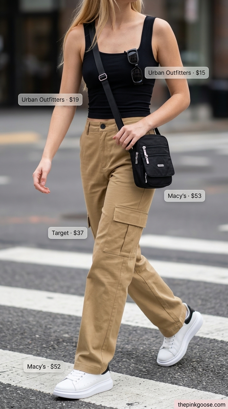 Khaki cargo pants, crop top, and chunky platform sneakers for summer streetwear with sneakers for women 2026.