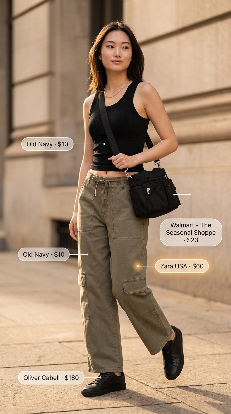Khaki cargo pants, tank top, and classic white sneakers for summer streetwear with sneakers for women 2026.