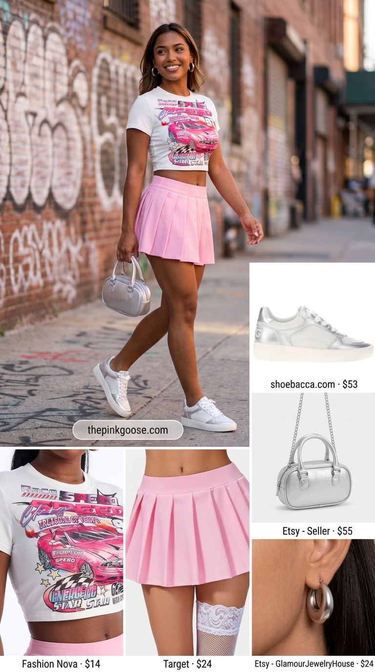 Bubblegum pink mini skirt, cropped baby tee, and metallic sneakers for summer streetwear with sneakers for women 2026.