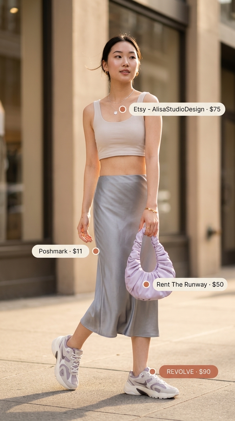 Summer streetwear with sneakers for women 2026: Lavender satin midi skirt, sheer mesh top, and pastel sneakers for a casual date.