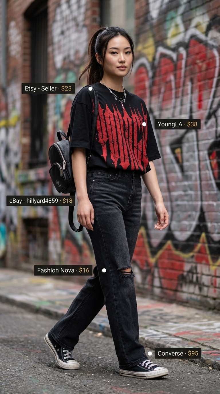Summer streetwear with sneakers for women 2026: Distressed jeans, graphic band tee, and high-top sneakers for a concert.
