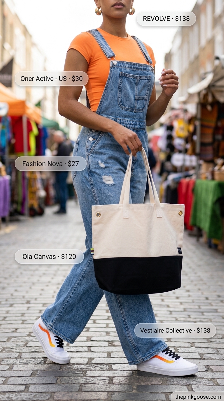Summer streetwear with sneakers for women 2026: Denim overalls, baby tee, and skate sneakers for a day out.