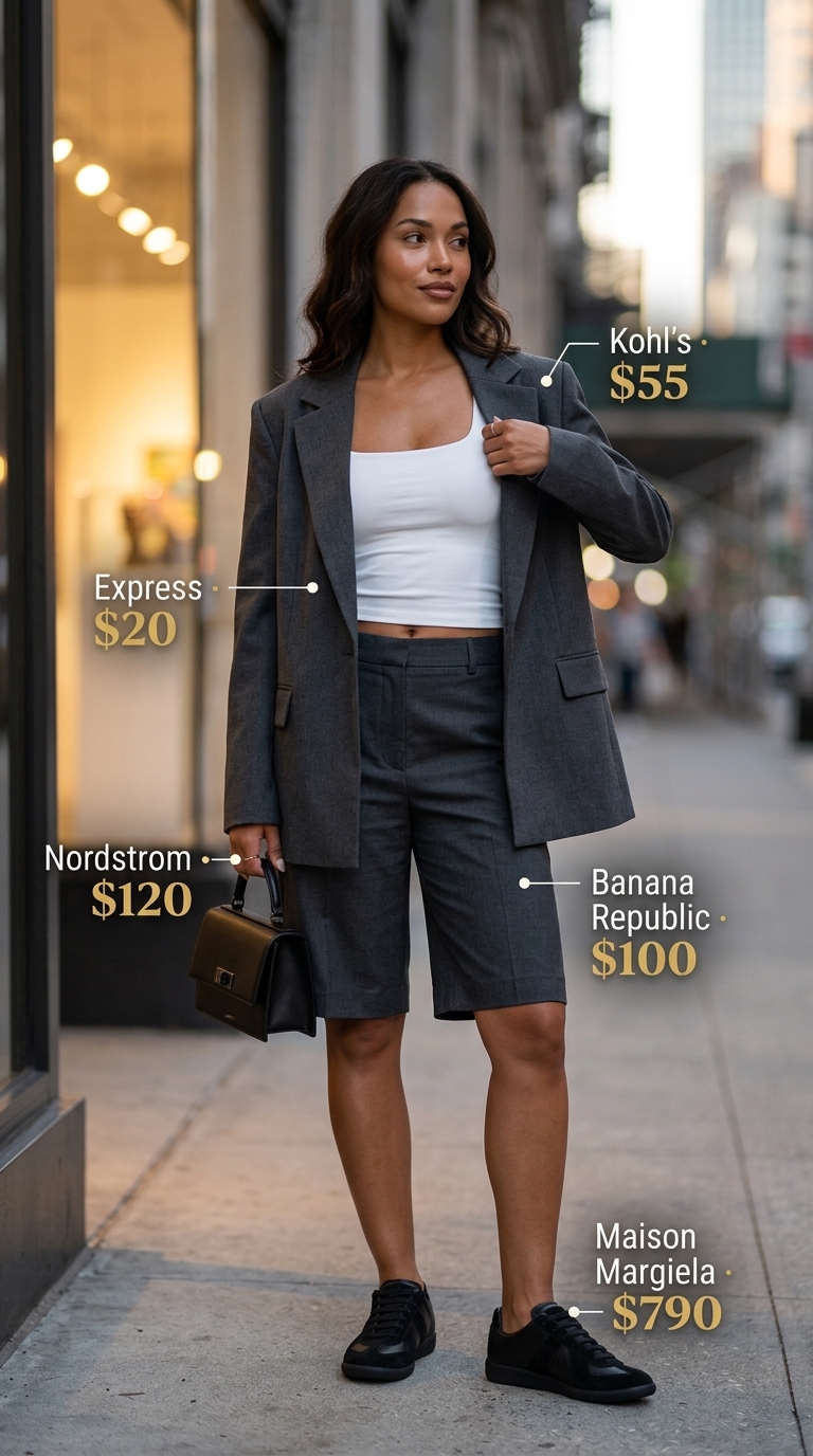 Summer streetwear with sneakers for women 2026: Charcoal shorts, oversized blazer, and minimalist sneakers for a gallery opening.