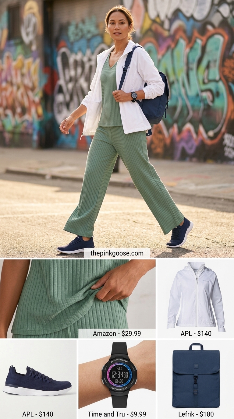 Summer streetwear with sneakers for women 2026: Sage green knit set, windbreaker, and tech sneakers for travel.