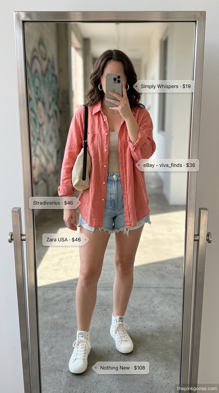 Summer streetwear with sneakers for women 2026: Distressed denim shorts, ribbed tank, and oversized linen shirt with sneakers.