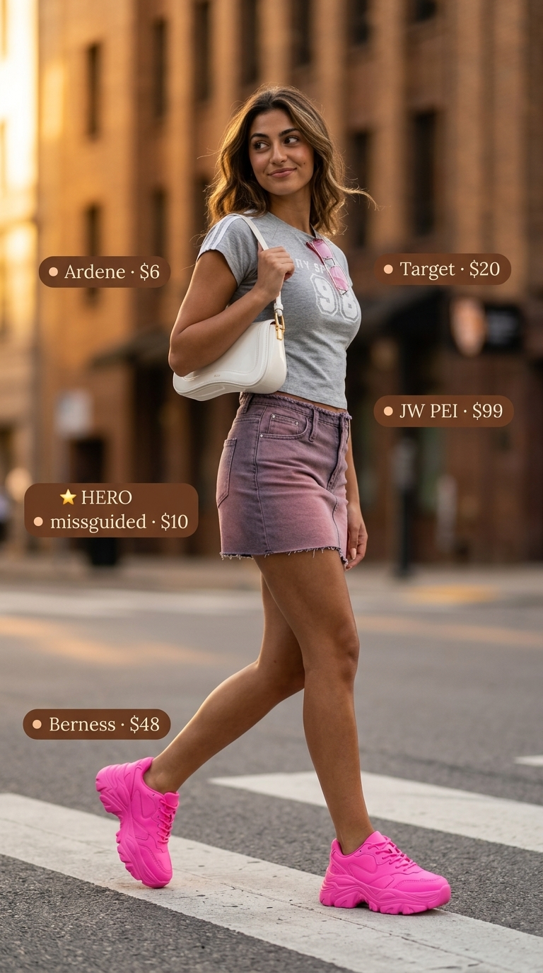 Summer streetwear with sneakers for women 2026: Hot pink denim mini skirt, baby tee, and chunky sneakers for a day party.