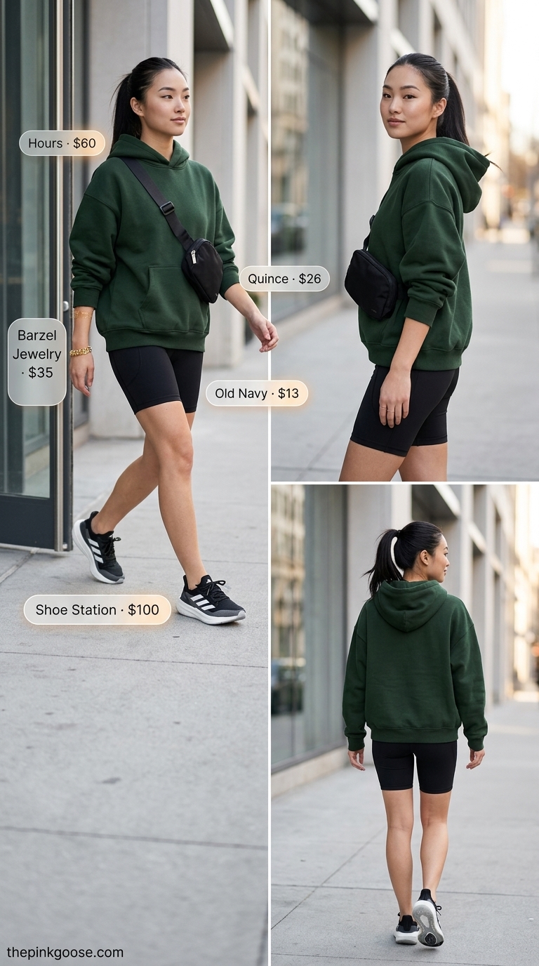 Forest green hoodie & black biker shorts with white sneakers for summer streetwear 2026.