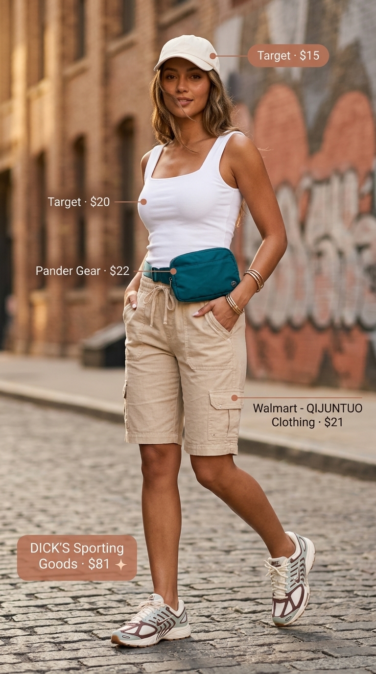 Teal & cream sneakers, sand shorts & crop top for summer streetwear 2026.