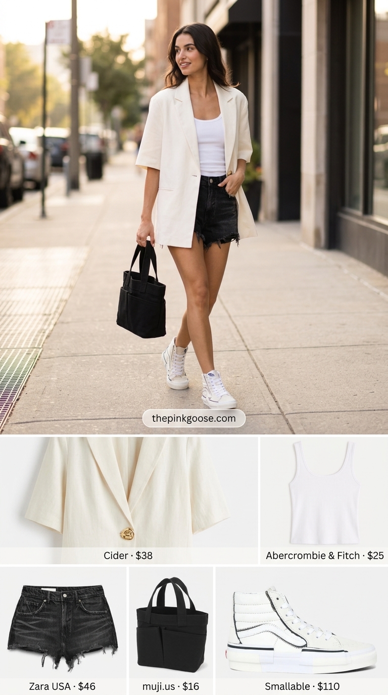 Deconstructed sneakers, distressed shorts & beige blazer for summer streetwear 2026.