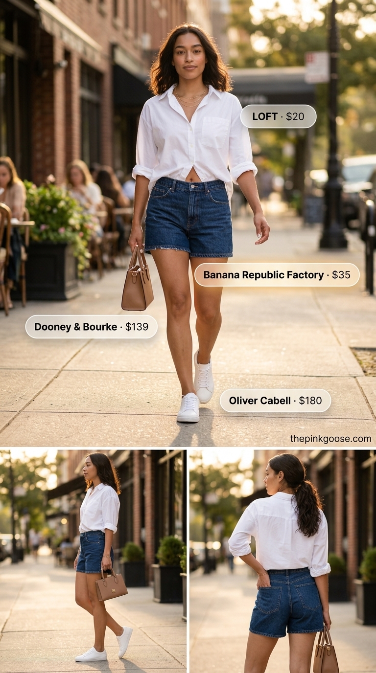 White shirt & denim shorts with white sneakers for summer streetwear 2026.
