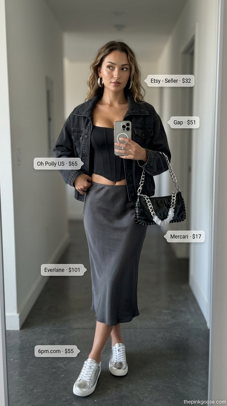 Black corset, satin skirt & silver sneakers for summer streetwear 2026.