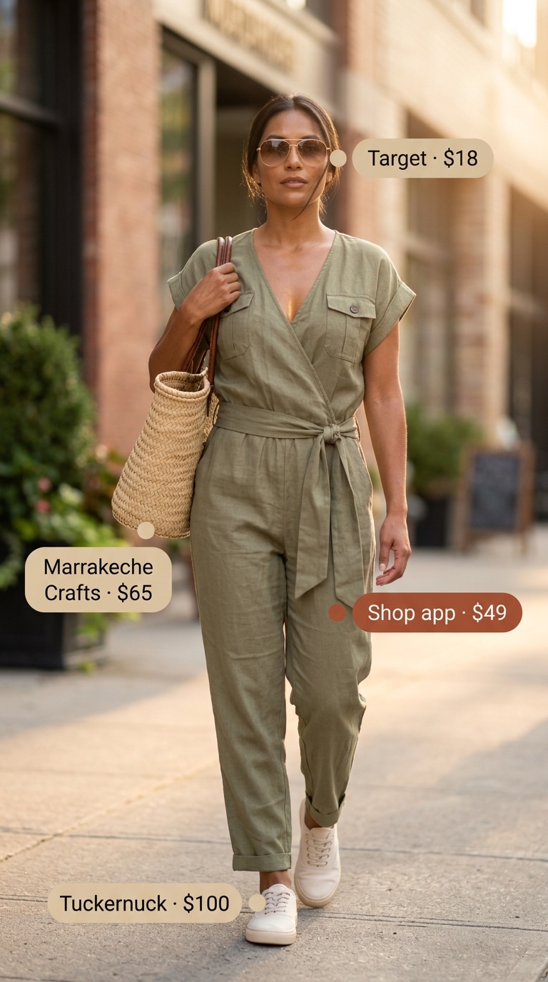 Khaki jumpsuit & cream sneakers for summer streetwear 2026.