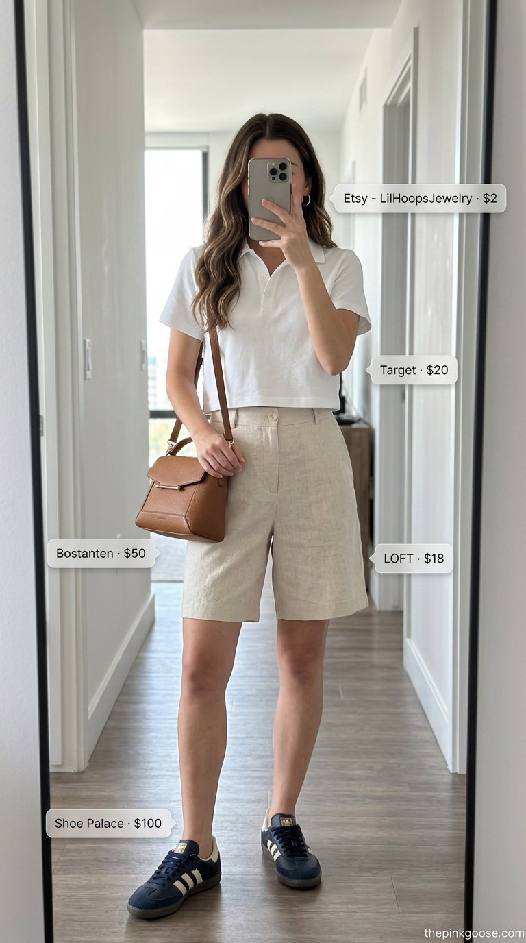 Navy polo & beige shorts with navy sneakers for summer streetwear 2026.