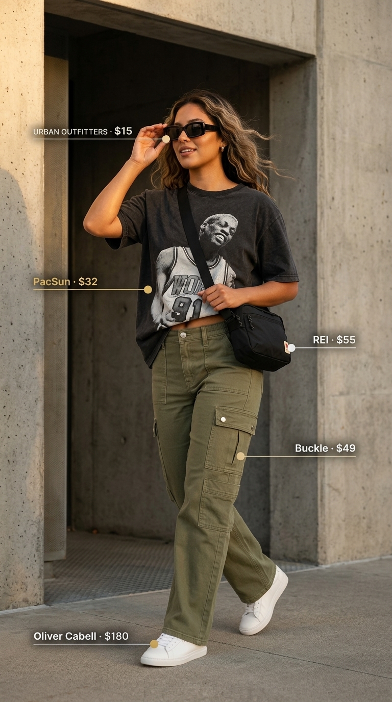 Olive cargo pants, graphic tee & white sneakers for summer streetwear 2026.