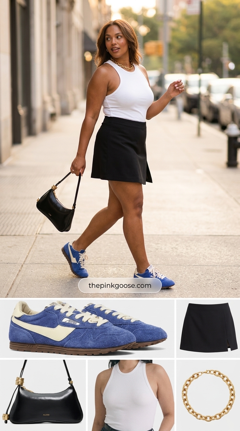 Electric blue sneakers, black skirt & white tank for summer streetwear 2026.