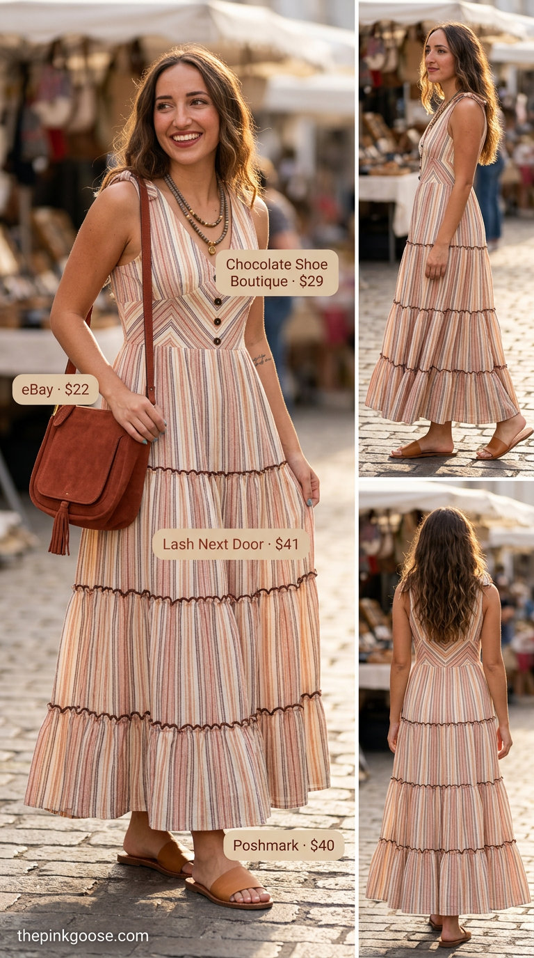 Summer Stripe Outfits for Women 2026: Ecru & rust striped maxi dress for boho look.