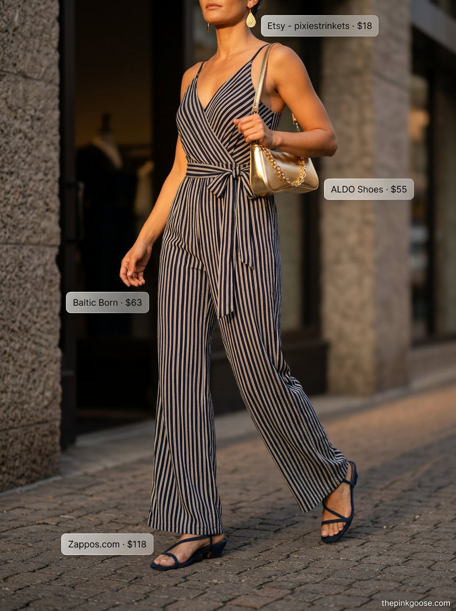Summer Stripe Outfits for Women 2026: Navy & cream striped wide-leg jumpsuit for summer party.