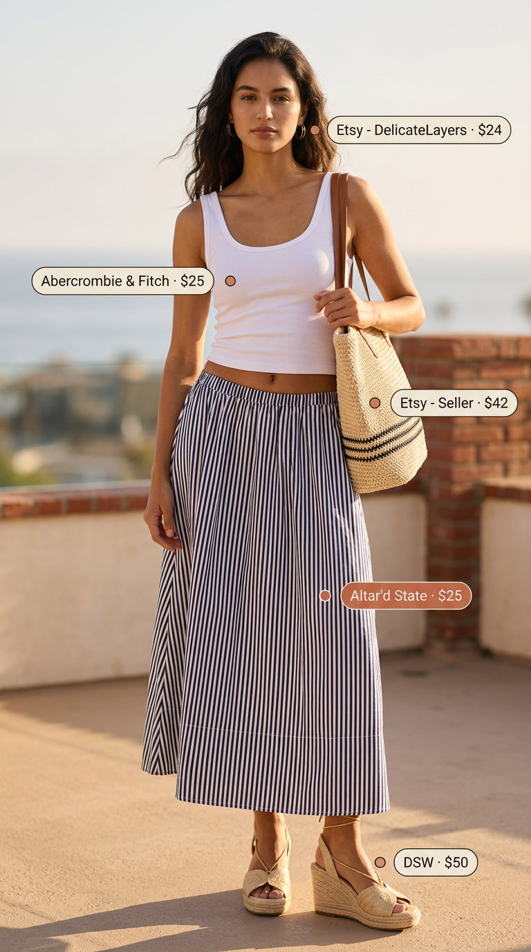 Summer Stripe Outfits for Women 2026: Navy & white striped midi skirt, white tank, espadrilles for beach day.