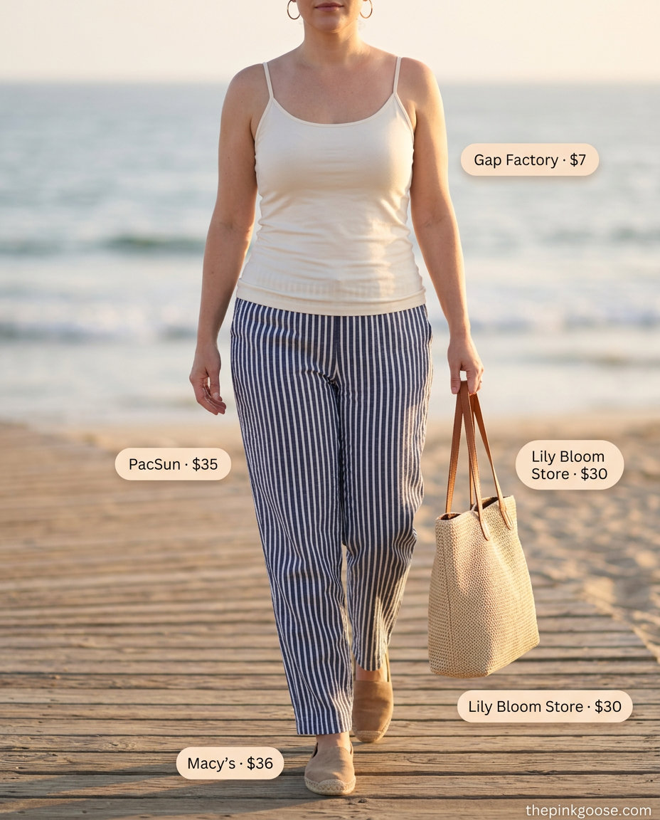 Summer Stripe Outfits for Women 2026: Navy & white striped linen pants, cream tank for vacation.
