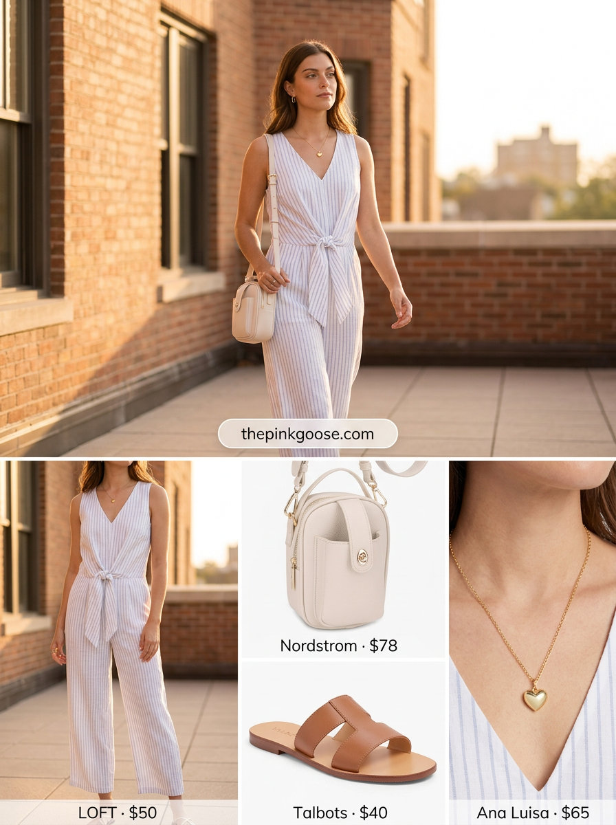 Summer Stripe Outfits for Women 2026: Beige & white striped wide-leg jumpsuit for casual day out.