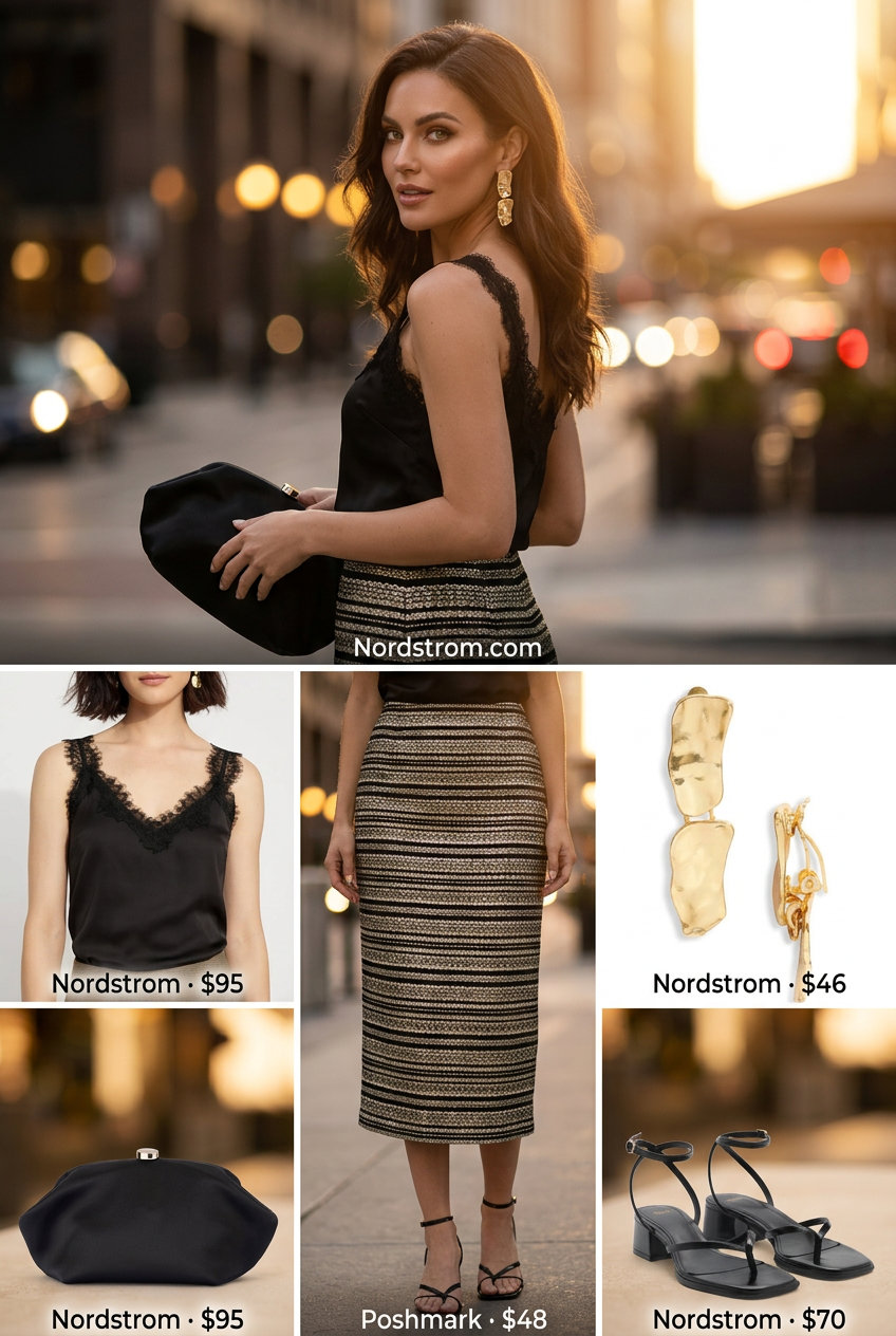 Summer Stripe Outfits for Women 2026: Black & gold striped midi skirt, lace cami, and heels for evening.