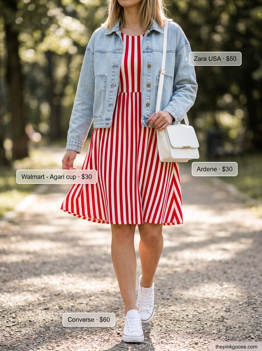 Summer Stripe Outfits for Women 2026: Red & white striped midi dress, denim jacket for picnic.
