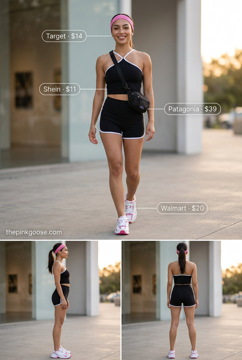Summer Stripe Outfits for Women 2026: Black & white striped athleisure set with hot pink accents.