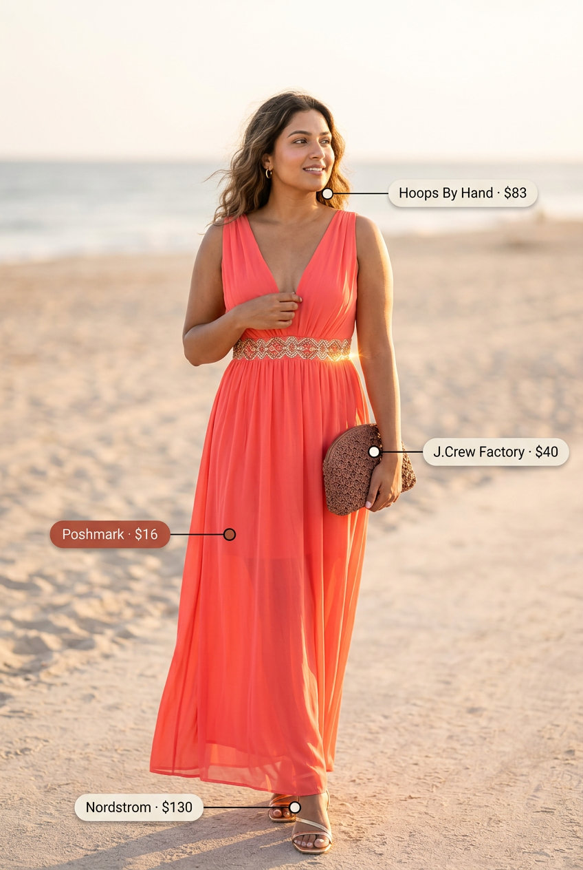 Summer Stripe Outfits for Women 2026: Vibrant coral maxi dress with block heels and woven clutch for an evening event.