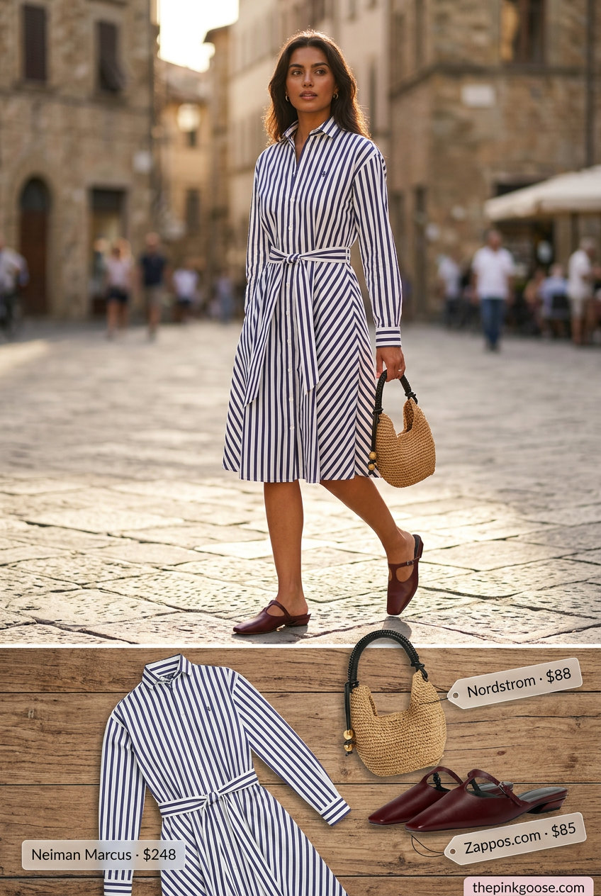 Summer Stripe Outfits for Women 2026: Denim blue & white striped shirt dress with red mules for a casual day out.