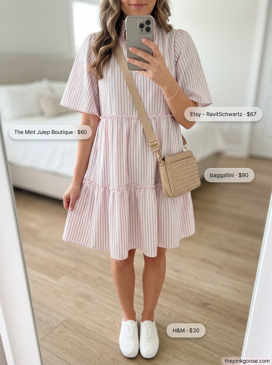 Summer Stripe Outfits for Women 2026: Pastel pink & mint green striped sundress for a sweet summer look.